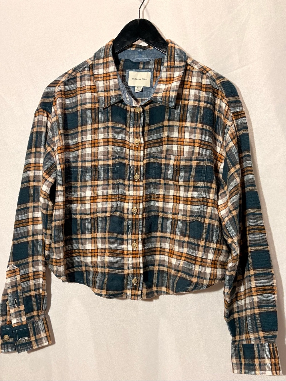 American Eagle Outfitters Teal, Brown and White Plaid Cropped Shirt